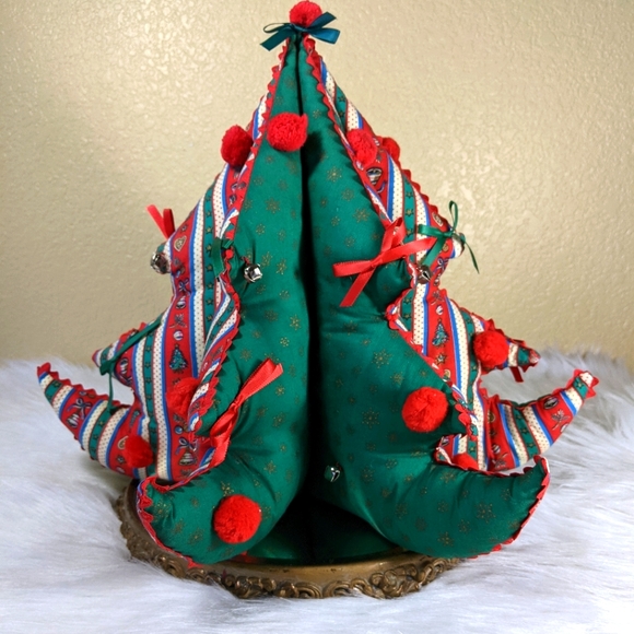 Christmas Tree Hand Sewn Plush Pom Poms Bells Rick Rack Vintage 70's 80's - Picture 1 of 5